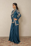 Teal blue plazo Pant Set with Organza Overlay and Zardozi Work