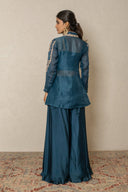 Teal blue plazo Pant Set with Organza Overlay and Zardozi Work