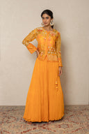Mango yellow crushed skirt with printed and organza highlighted top