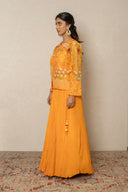 Mango yellow crushed skirt with printed and organza highlighted top