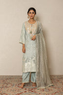 Sage Grey Silk Long Kurta In Bandhej & Resham