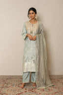 Sage Grey Silk Long Kurta In Bandhej & Resham