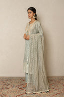 Sage Grey Silk Long Kurta In Bandhej & Resham