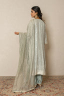 Sage Grey Silk Long Kurta In Bandhej & Resham