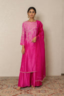 Pink Silk Kurta Set with Broad Pants & Organza Dupatta