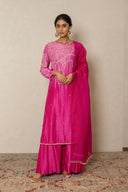 Pink Silk Kurta Set with Broad Pants & Organza Dupatta