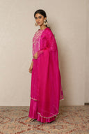 Pink Silk Kurta Set with Broad Pants & Organza Dupatta