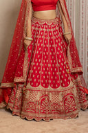 Red Silk Aari Tari Lehenga Set