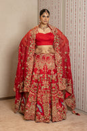Red Pure Silk Peacock Zardozi Lehenga Set