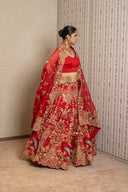 Red Pure Silk Peacock Zardozi Lehenga Set