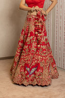 Red Pure Silk Peacock Zardozi Lehenga Set