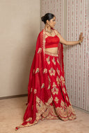Red Pure Silk Zardozi Lehenga Set