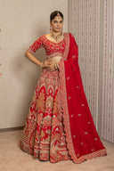 Red Silk Peacock Embroidered Lehenga Set