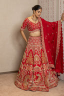 Red Silk Peacock Embroidered Lehenga Set
