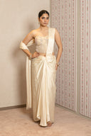 Ivory Satin Silk Drape Saree With Tissue Corset