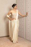 Ivory Satin Silk Drape Saree With Tissue Corset