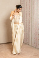 Ivory Satin Silk Drape Saree With Tissue Corset