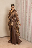Brown Pichhwai Drape With Organza Overlap Jacket