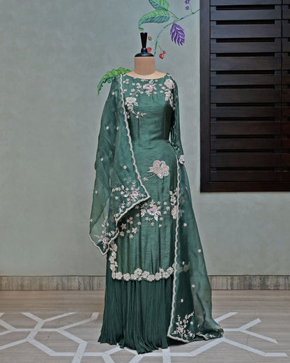 Dusty Green Embroidered Suit with Crushed Parallel Pants