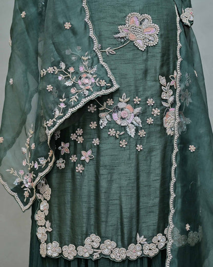 Dusty Green Embroidered Suit with Crushed Parallel Pants