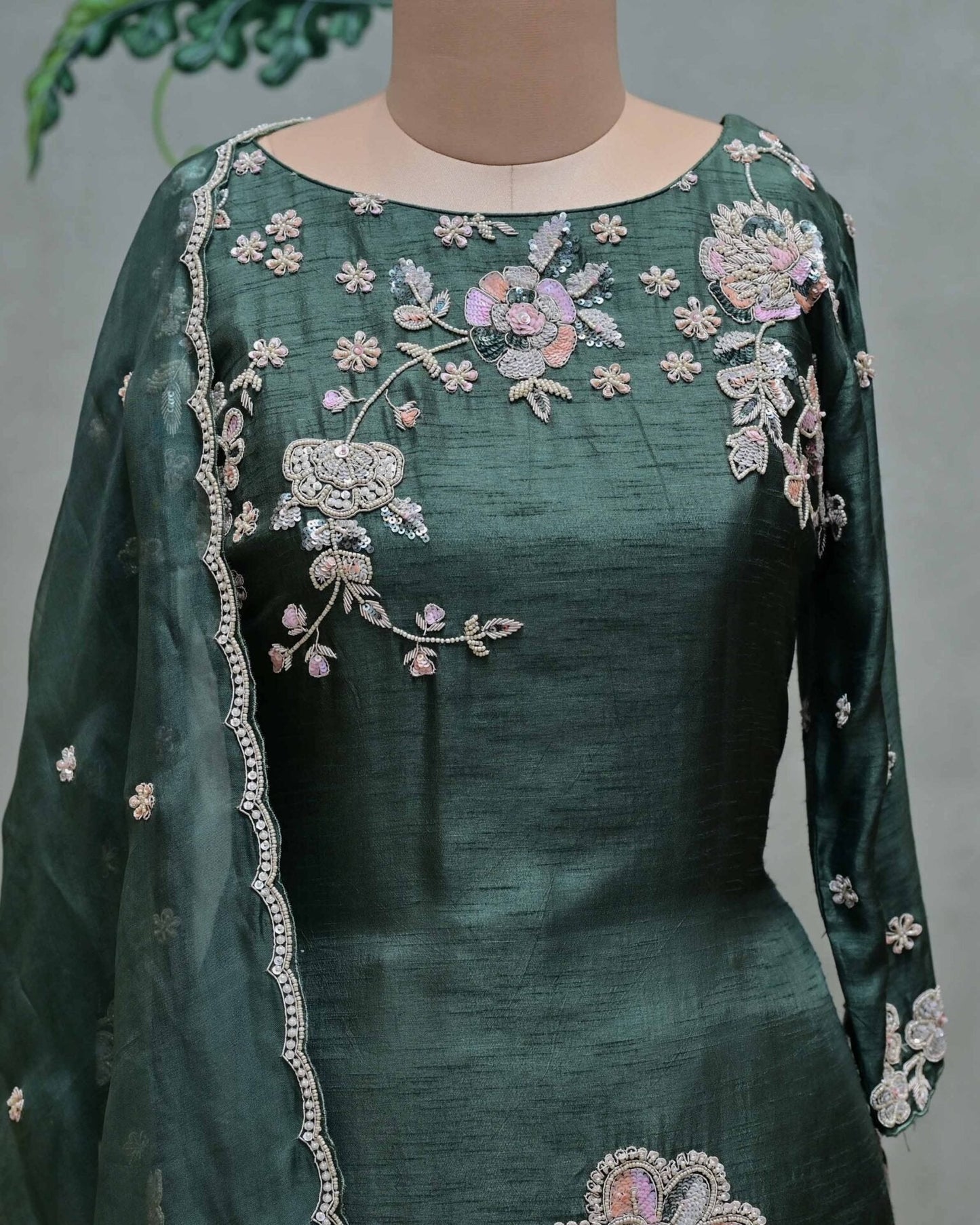 Dusty Green Embroidered Suit with Crushed Parallel Pants