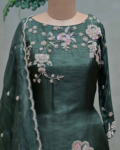 Dusty Green Embroidered Suit with Crushed Parallel Pants