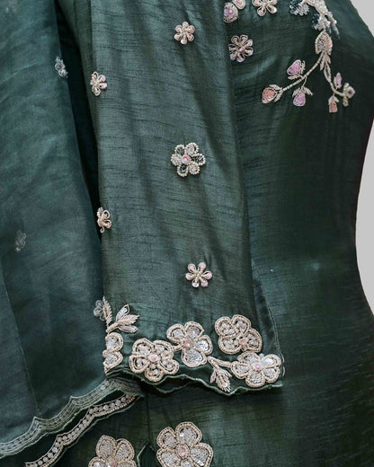 Dusty Green Embroidered Suit with Crushed Parallel Pants