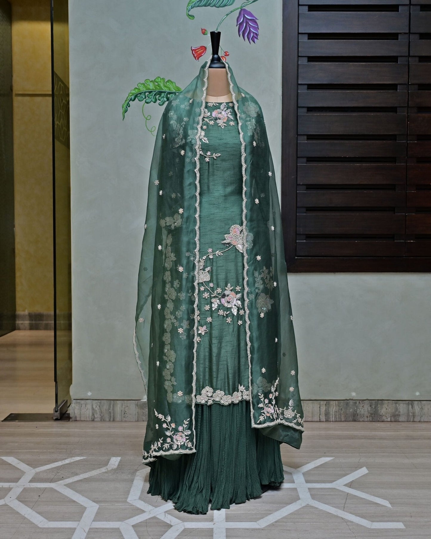 Dusty Green Embroidered Suit with Crushed Parallel Pants