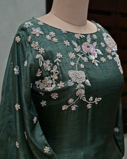 Dusty Green Embroidered Suit with Crushed Parallel Pants