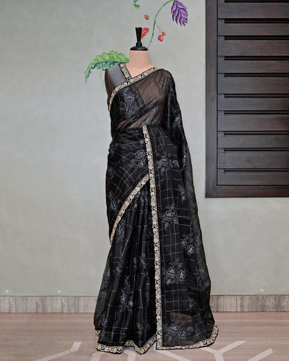 Black Organza Saree with Self Design and Work Border image 1