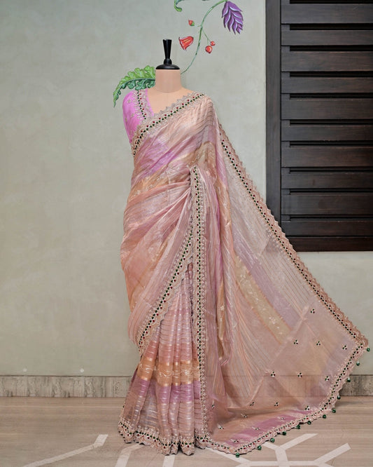 Shaded Pink Stripe Tissue Saree image 0