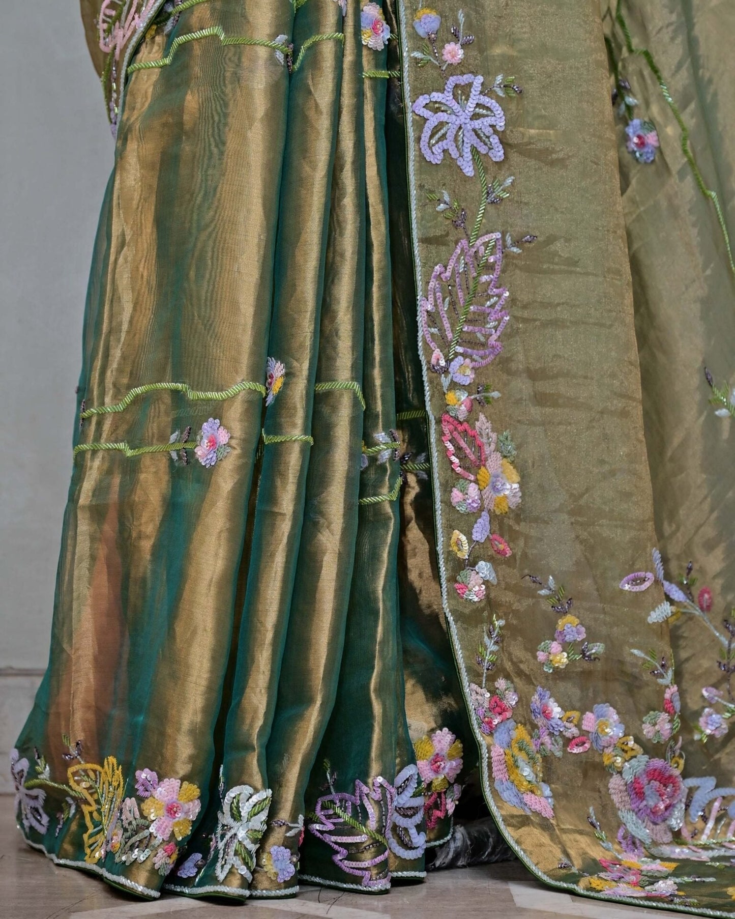 Green Tissue Saree with Sequin Floral Work image 4