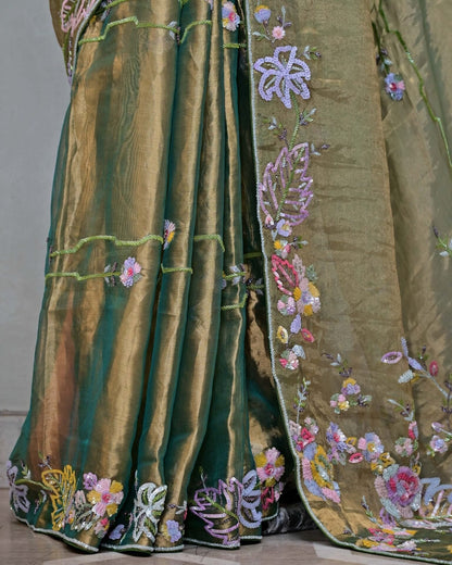Green Tissue Saree with Sequin Floral Work image 4