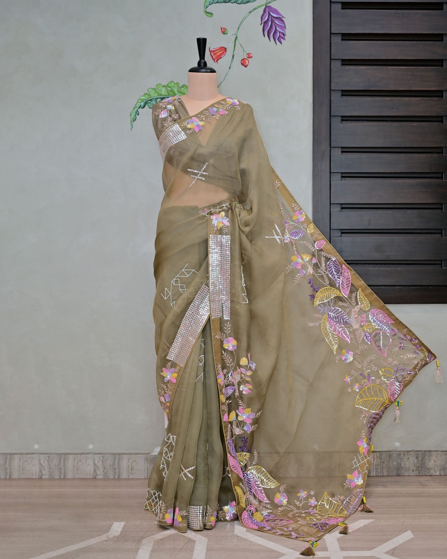 Mouse Grey Organza Saree with Multi-Sequence Work image 0