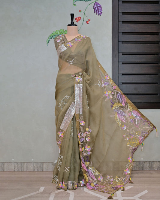Mouse Grey Organza Saree with Multi-Sequence Work image 0
