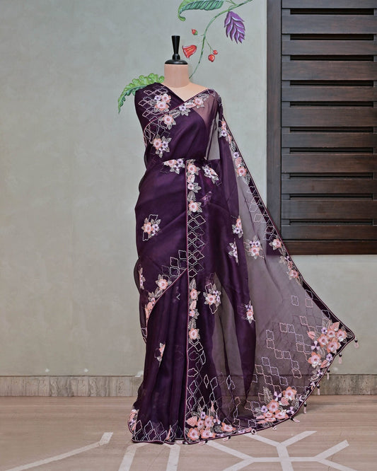 Dark Wine Organza Saree image 0