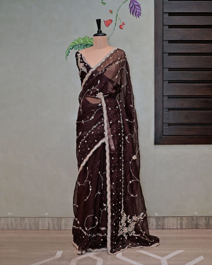 Brown Organza Jaal Saree image 1