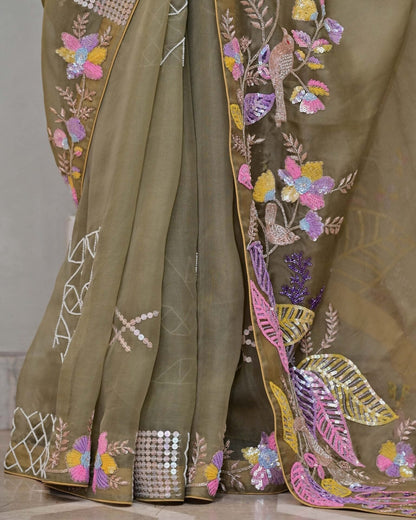 Mouse Grey Organza Saree with Multi-Sequence Work image 4