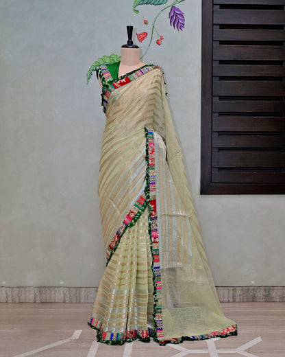 Green Stripe Handloom Saree with Patch Border image 0
