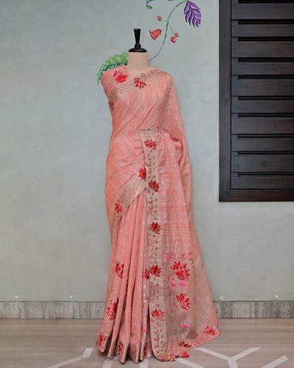 Peach Handloom Check with Floral Embroidery image 4