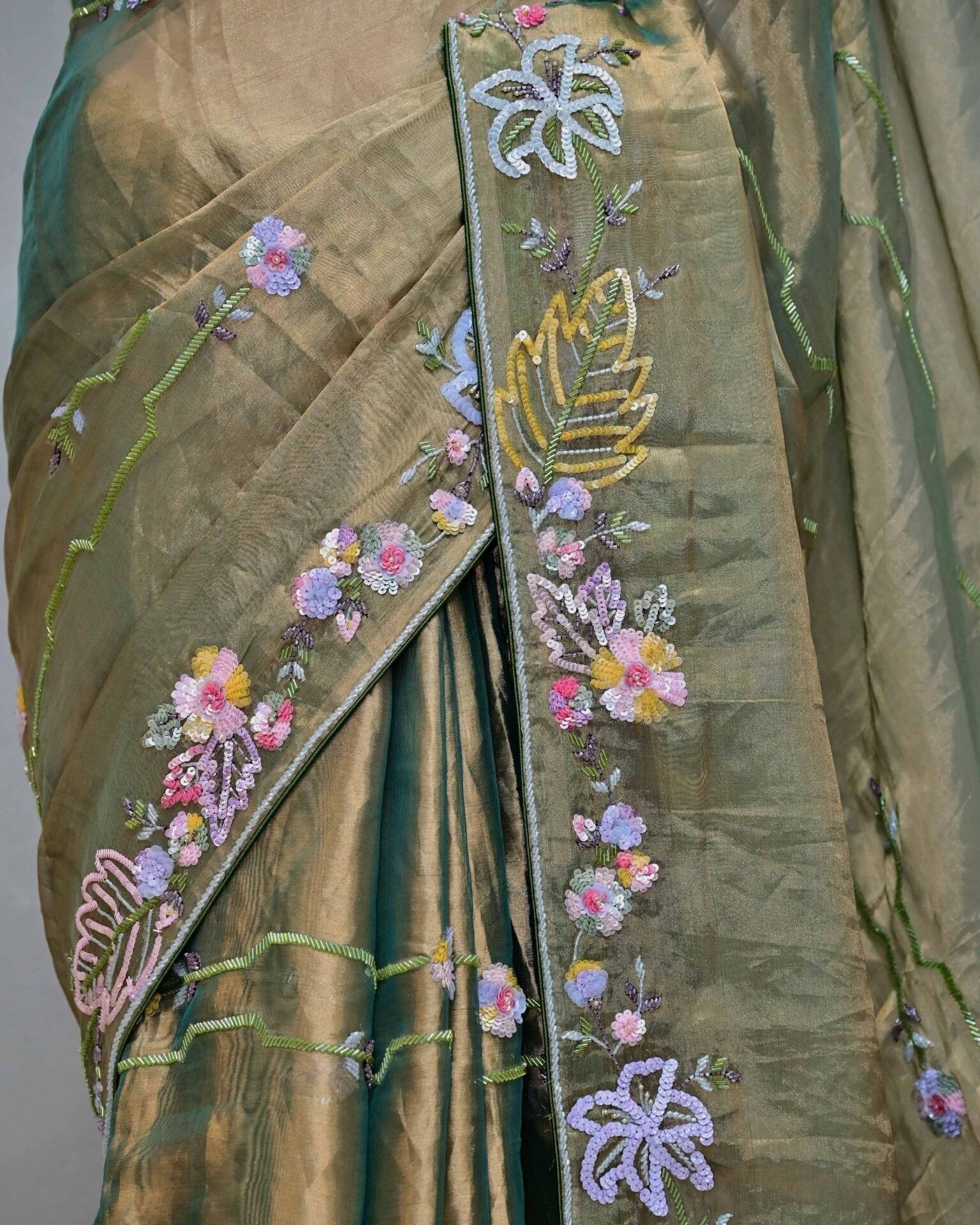 Green Tissue Saree with Sequin Floral Work image 3
