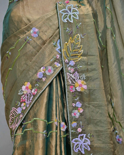 Green Tissue Saree with Sequin Floral Work image 3