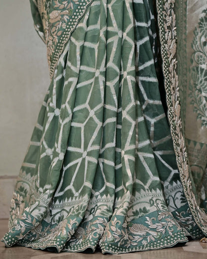 Green Khaddi Saree with Bird Border image 3