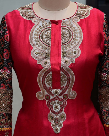 Red Silk Suit with Embroidered Pants image 3