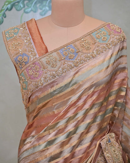 Multi-Line Tissue Saree with Multi-Coloured Border image 2
