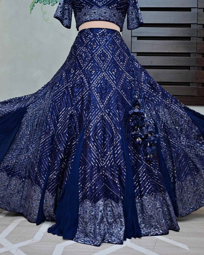 Midnight Blue Organza Lehenga with Sequin Embroidery image 4