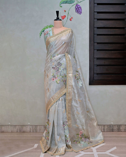 Gray Tissue Saree with Sky Blue Floral Patchwork image 0