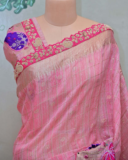 Pink Handloom Saree with Kairi Applique Embroidery image 2