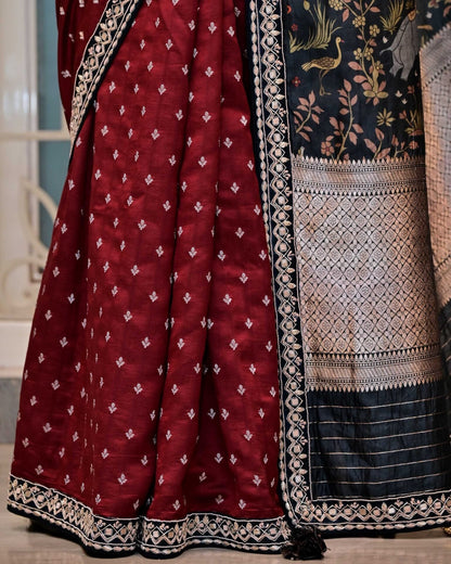 Maroon Silk Saree with Jungle Border image 5