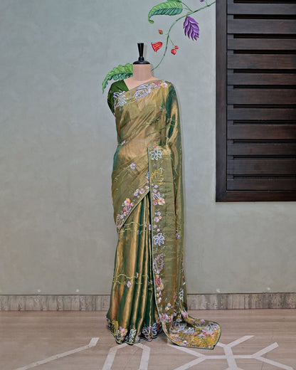 Green Tissue Saree with Sequin Floral Work image 0